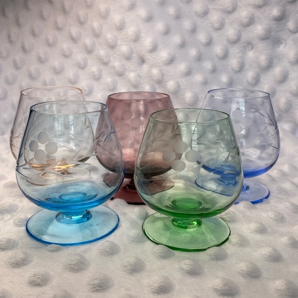 Vintage Other - Vintage 1960’s Multicolored & Etched Cordial/Brandy Snifter Glasses